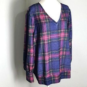 Cato Blue & Pink Plaid Longsleeve Top, Glittery Metallic Sheen, Size 14/16W NWT